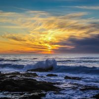 ocean, sea, sunset, waves, coast, shore, blue sea, blue ocean, blue wave, dusk, twilight, afterglow, seascape, seashore, nature, beach, rocky beach, horizon, ocean waves
