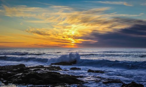 ocean, sea, sunset, waves, coast, shore, blue sea, blue ocean, blue wave, dusk, twilight, afterglow, seascape, seashore, nature, beach, rocky beach, horizon, ocean waves